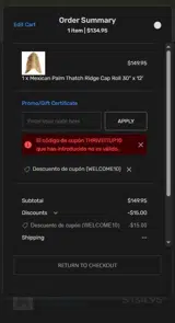 WELCOME10 coupon verification screenshot