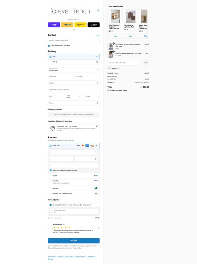 Forever French Baby checkout page showing Forever French Baby discount code box | Screenshot taken by SimplyCodes community member on Sep 3, 2025