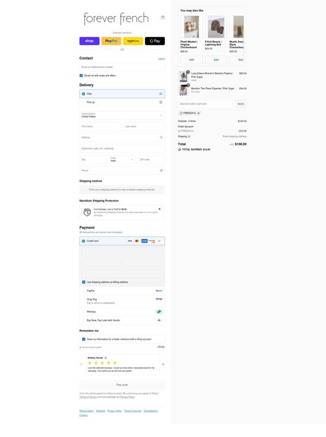 Forever French Baby checkout page showing Forever French Baby discount code box | Screenshot taken by SimplyCodes community member on Sep 3, 2025
