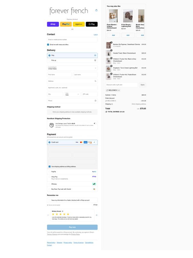 Forever French Baby checkout page showing Forever French Baby discount code box | Screenshot taken by SimplyCodes community member on Sep 8, 2025