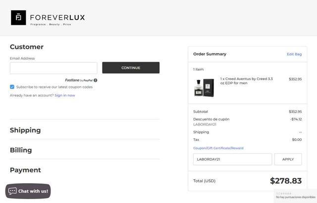 ForeverLux checkout page showing ForeverLux coupon code box | Screenshot taken by SimplyCodes community member on Aug 29, 2025