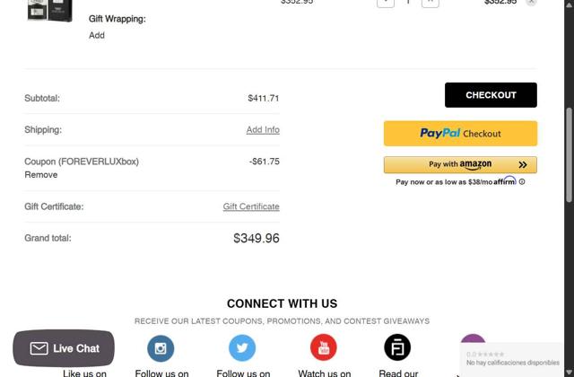 ForeverLux checkout page showing ForeverLux coupon code box | Screenshot taken by SimplyCodes community member on Aug 20, 2025