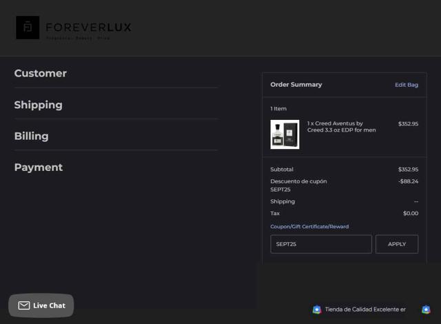ForeverLux checkout page showing ForeverLux coupon code box | Screenshot taken by SimplyCodes community member on Sep 13, 2025