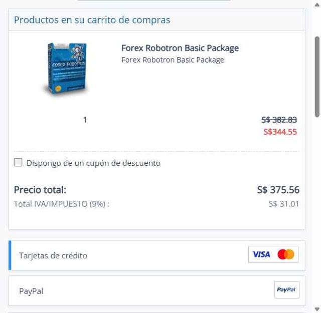 Forex Robotron checkout page showing Forex Robotron coupon code box | Screenshot taken by SimplyCodes community member on Sep 6, 2025