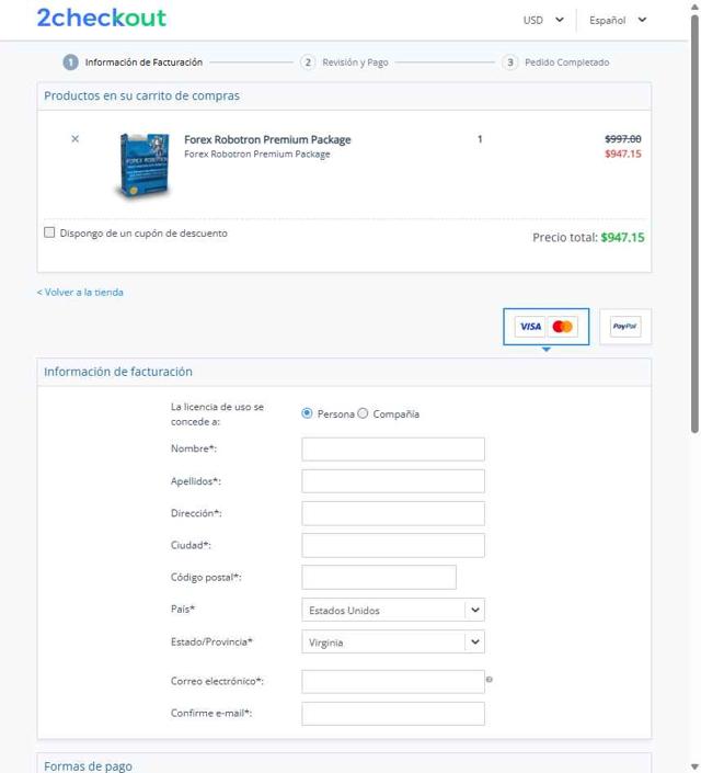 Forex Robotron checkout page showing Forex Robotron coupon code box | Screenshot taken by SimplyCodes community member on Apr 9, 2025