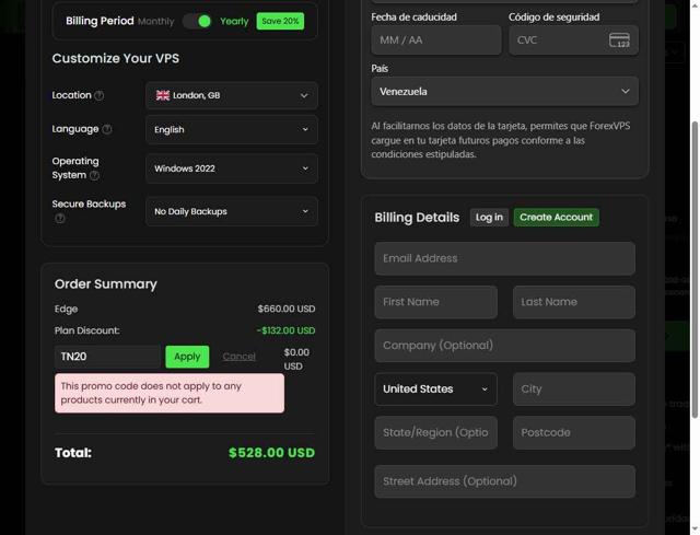 ForexVPS.net checkout page showing ForexVPS.net promo code box | Screenshot taken by SimplyCodes community member on Aug 16, 2025