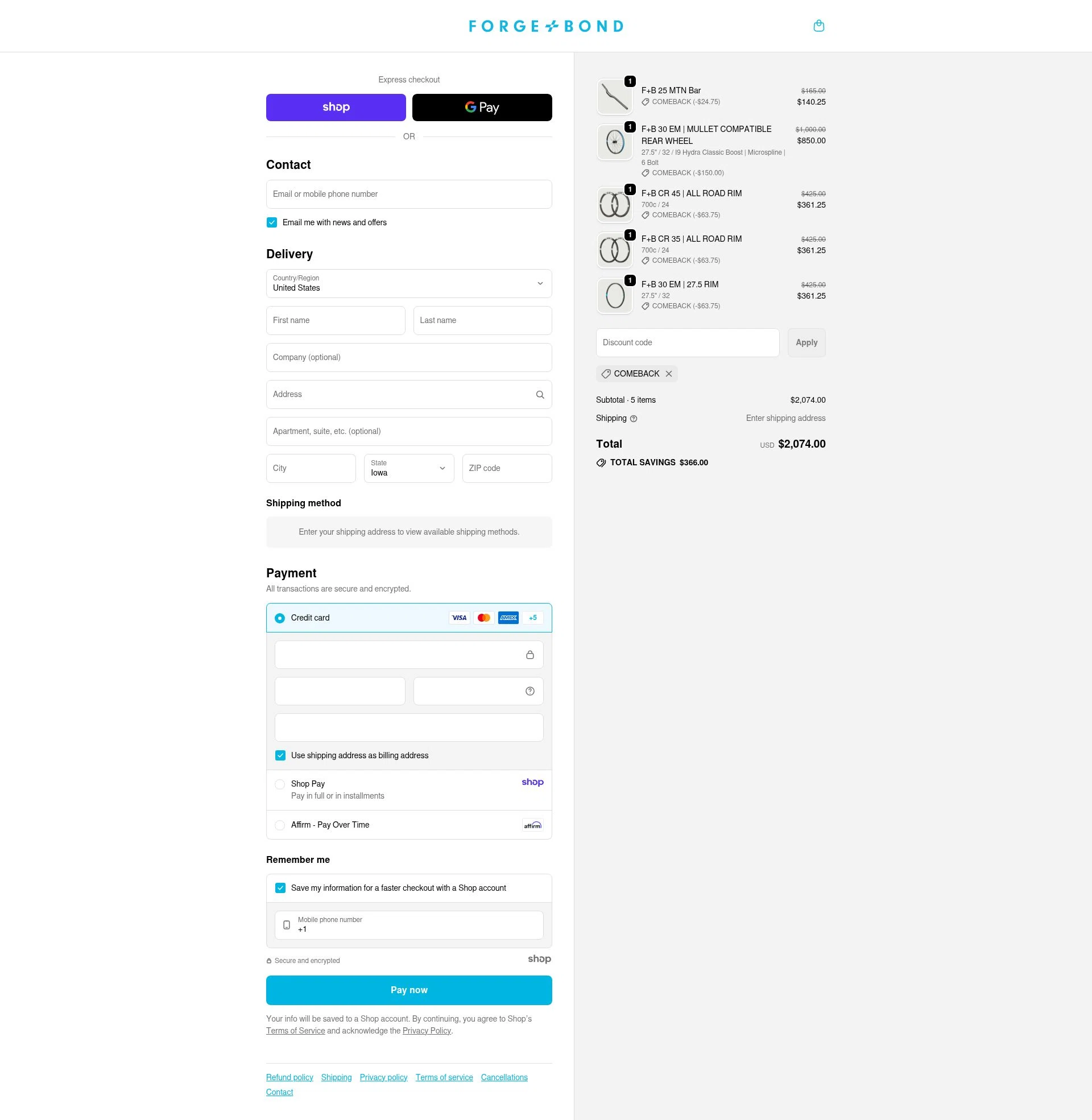 FORGE+BOND checkout page showing FORGE+BOND promo code box | Screenshot taken by SimplyCodes community member on Sep 30, 2025