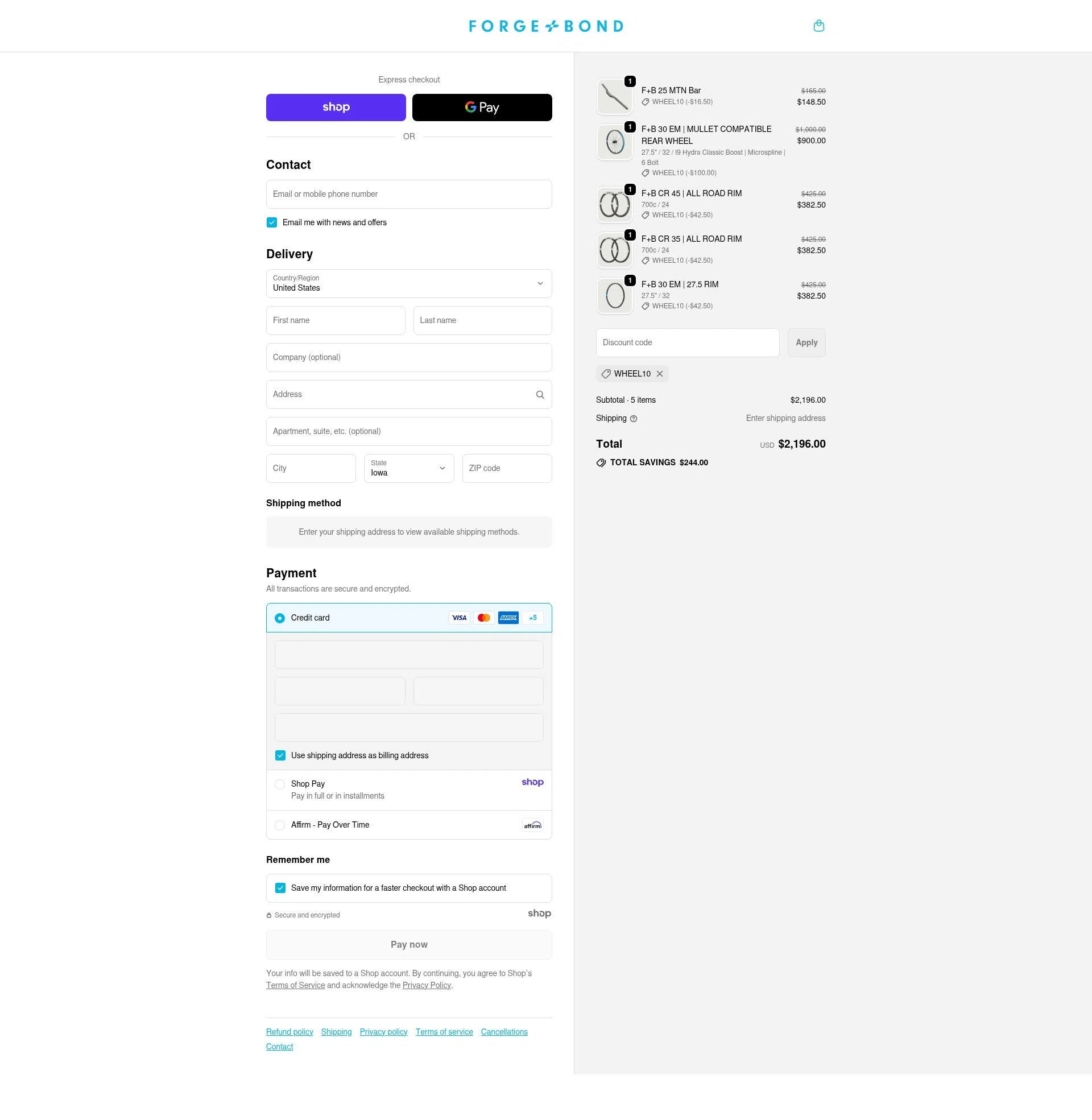 FORGE+BOND checkout page showing FORGE+BOND promo code box | Screenshot taken by SimplyCodes community member on Sep 30, 2025