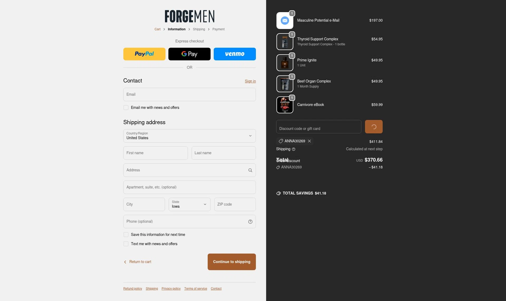 Forge Skin checkout page showing Forge Skin discount code box | Screenshot taken by SimplyCodes community member on Feb 9, 2026