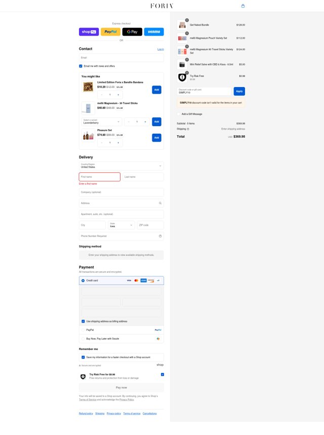 Foria Wellness checkout page showing Foria Wellness discount code box | Screenshot taken by SimplyCodes community member on Aug 26, 2025