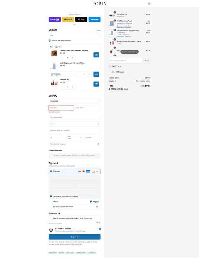 Foria Wellness checkout page showing Foria Wellness discount code box | Screenshot taken by SimplyCodes community member on Jul 27, 2025