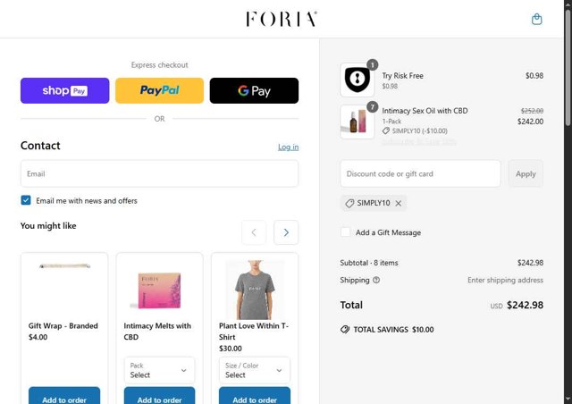 Foria Wellness checkout page showing Foria Wellness discount code box | Screenshot taken by SimplyCodes community member on Jun 11, 2025