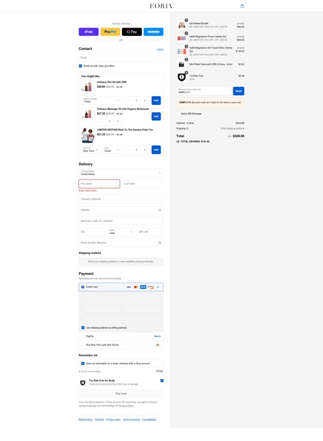 Foria Wellness checkout page showing Foria Wellness discount code box | Screenshot taken by SimplyCodes community member on Aug 30, 2025