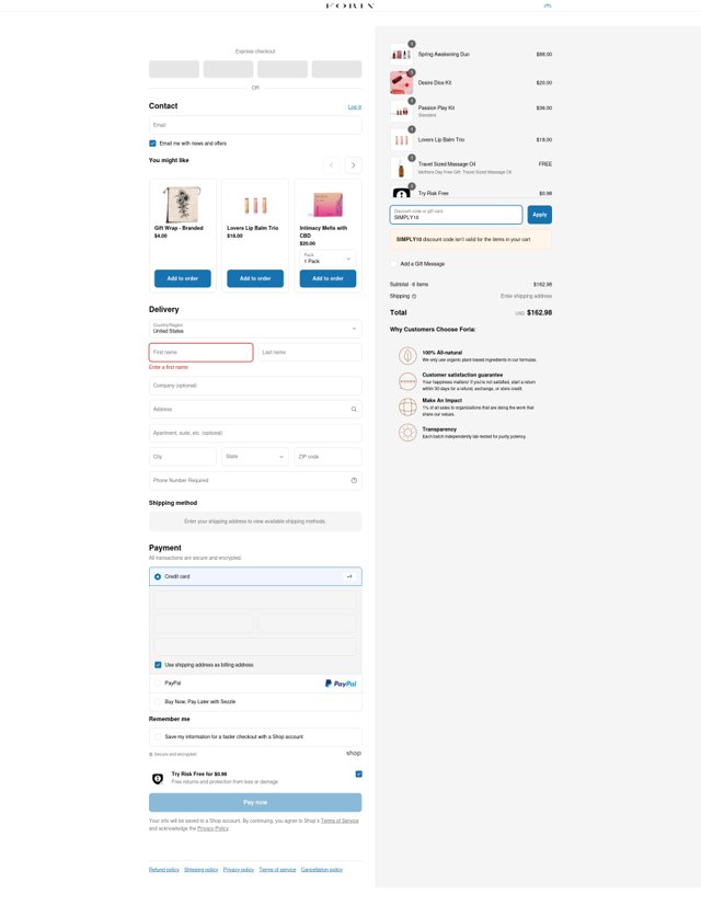 Foria Wellness checkout page showing Foria Wellness discount code box | Screenshot taken by SimplyCodes community member on Apr 26, 2025