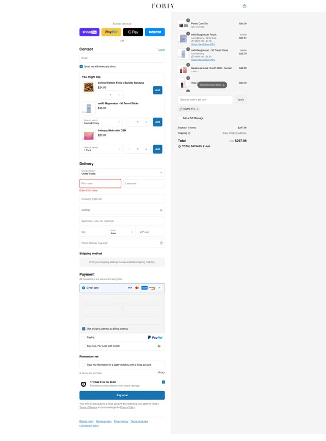 Foria Wellness checkout page showing Foria Wellness discount code box | Screenshot taken by SimplyCodes community member on Jul 19, 2025