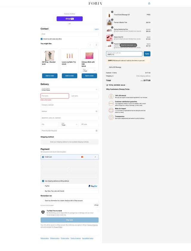 Foria Wellness checkout page showing Foria Wellness discount code box | Screenshot taken by SimplyCodes community member on May 27, 2025