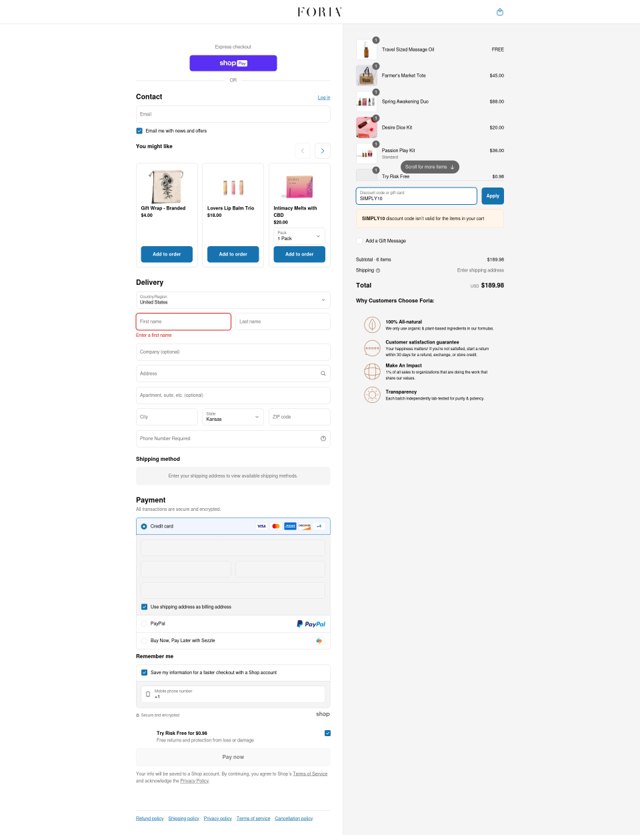 Foria Wellness checkout page showing Foria Wellness discount code box | Screenshot taken by SimplyCodes community member on May 14, 2025