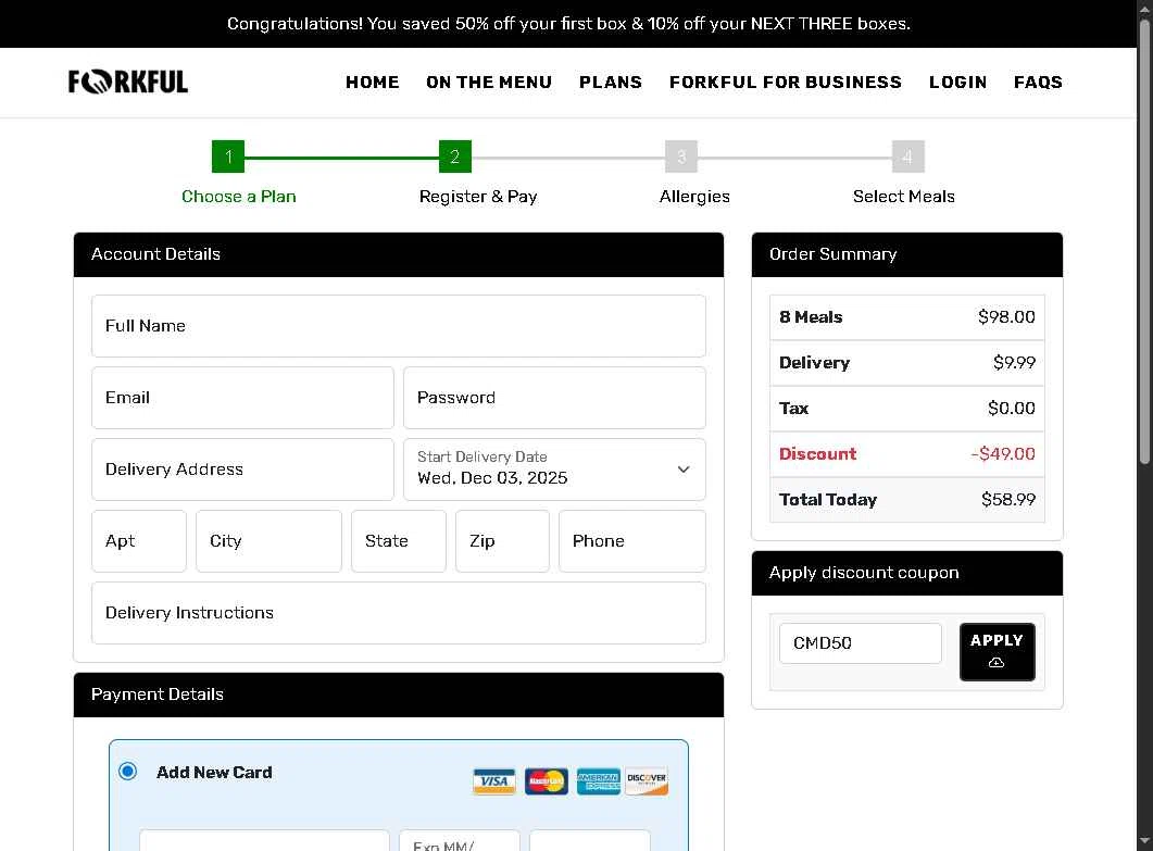 Forkful checkout page showing Forkful promo code box | Screenshot taken by SimplyCodes community member on Nov 23, 2025