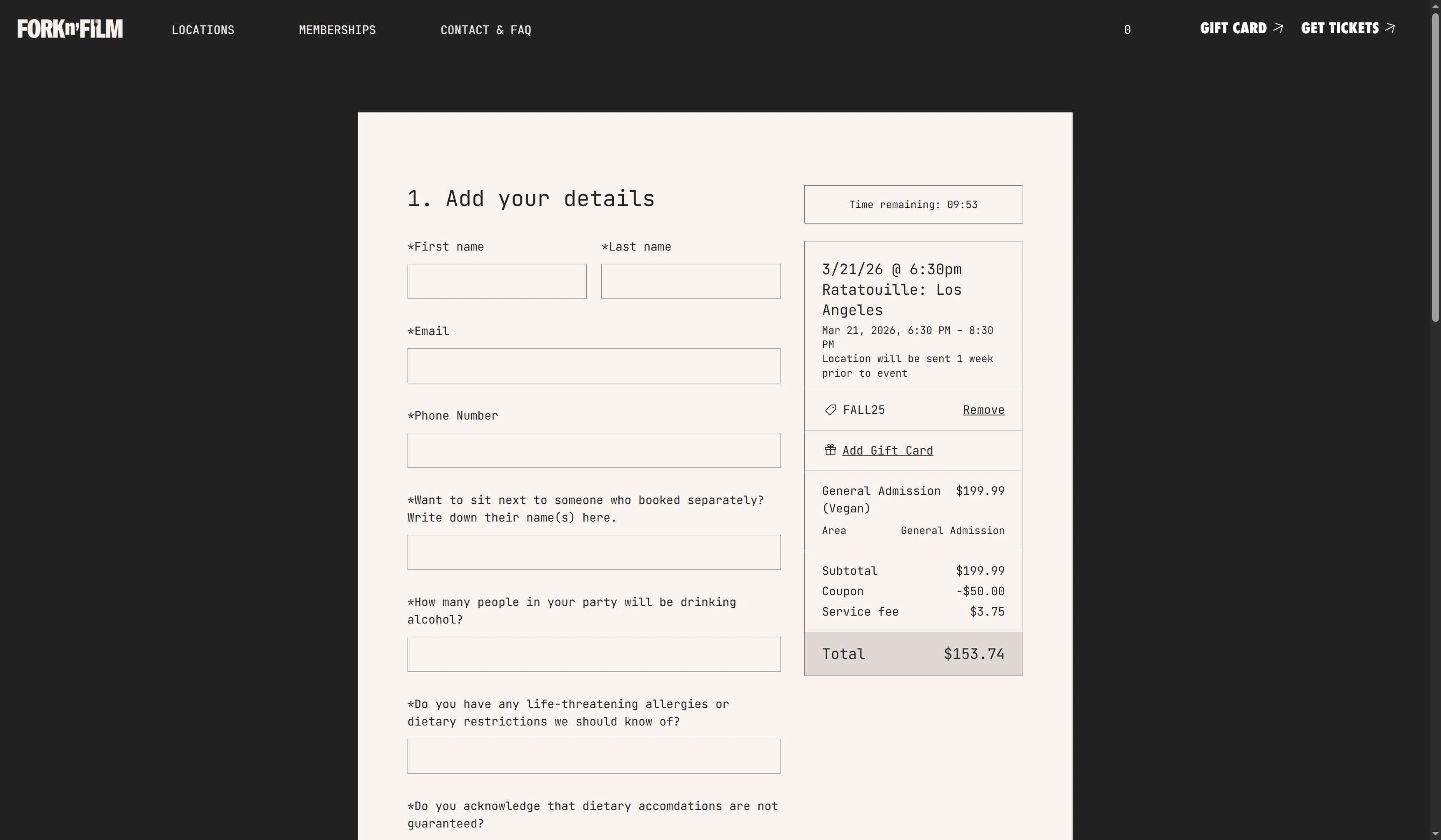 Fork n Film checkout page showing Fork n Film coupon code box | Screenshot taken by SimplyCodes community member on Jan 25, 2026