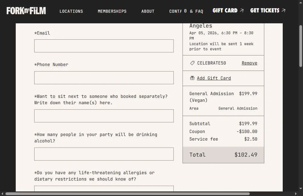 Fork n Film checkout page showing Fork n Film coupon code box | Screenshot taken by SimplyCodes community member on Jan 9, 2026