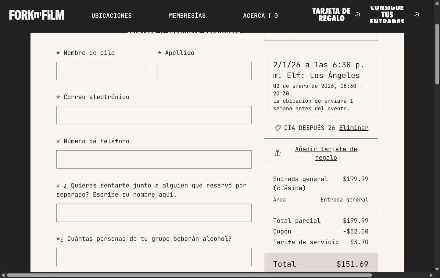 Fork n Film checkout page showing Fork n Film coupon code box | Screenshot taken by SimplyCodes community member on Dec 26, 2025
