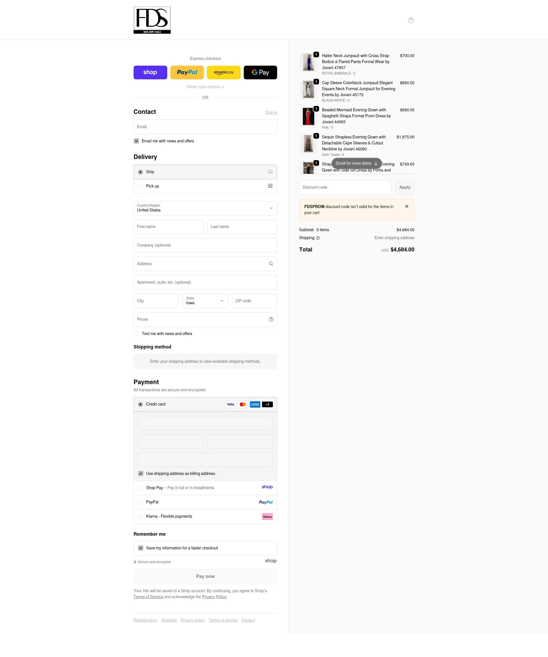 Formal Dress Shops checkout page showing Formal Dress Shops promo code box | Screenshot taken by SimplyCodes community member on Dec 29, 2025