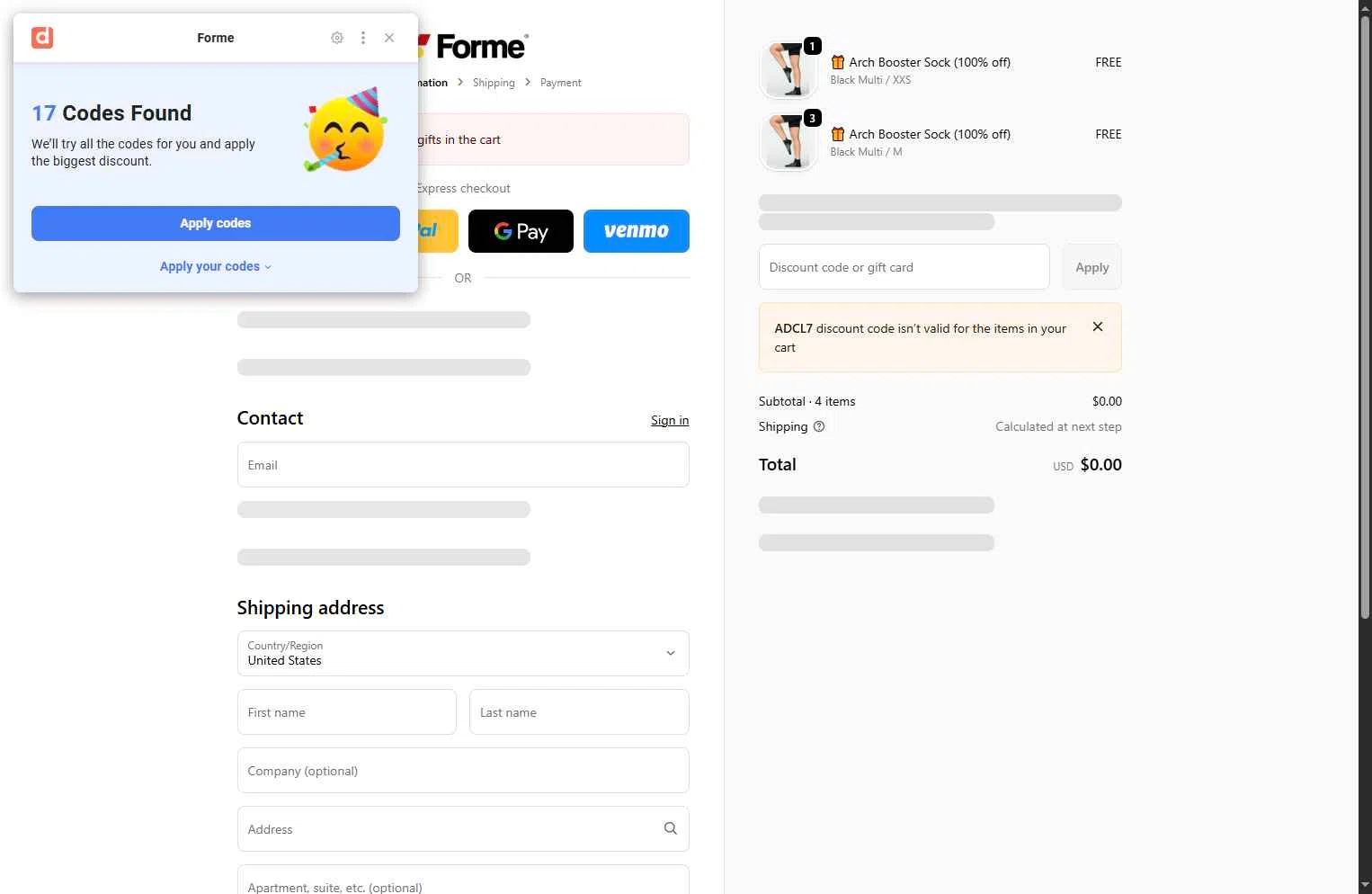 Forme checkout page showing Forme discount code box | Screenshot taken by SimplyCodes community member on Jan 17, 2026