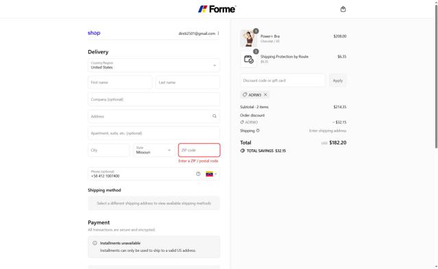 Forme checkout page showing Forme discount code box | Screenshot taken by SimplyCodes community member on Sep 12, 2025