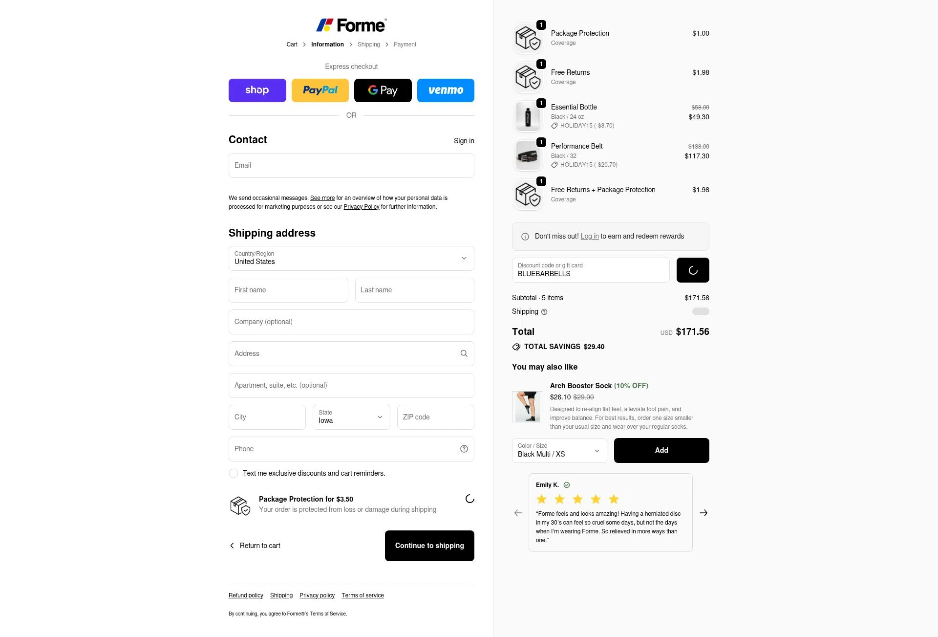 Forme checkout page showing Forme discount code box | Screenshot taken by SimplyCodes community member on Dec 27, 2025