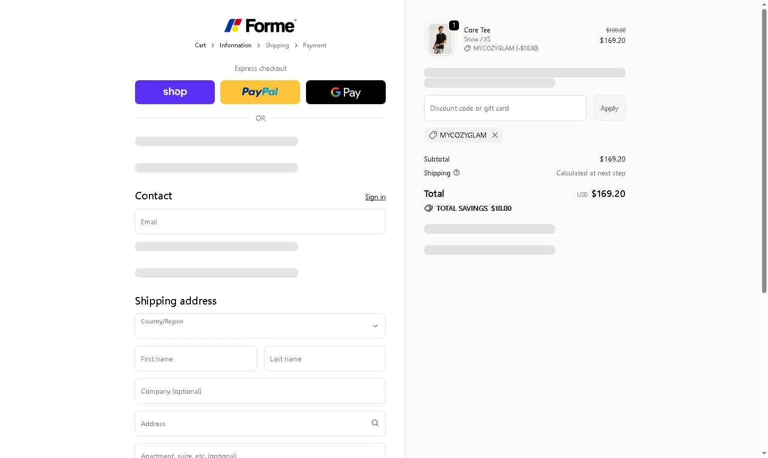 Forme checkout page showing Forme discount code box | Screenshot taken by SimplyCodes community member on Jan 17, 2026