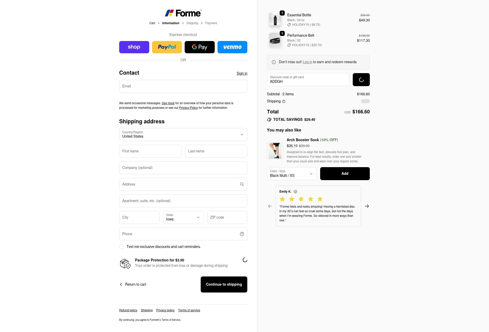 Forme checkout page showing Forme discount code box | Screenshot taken by SimplyCodes community member on Dec 27, 2025