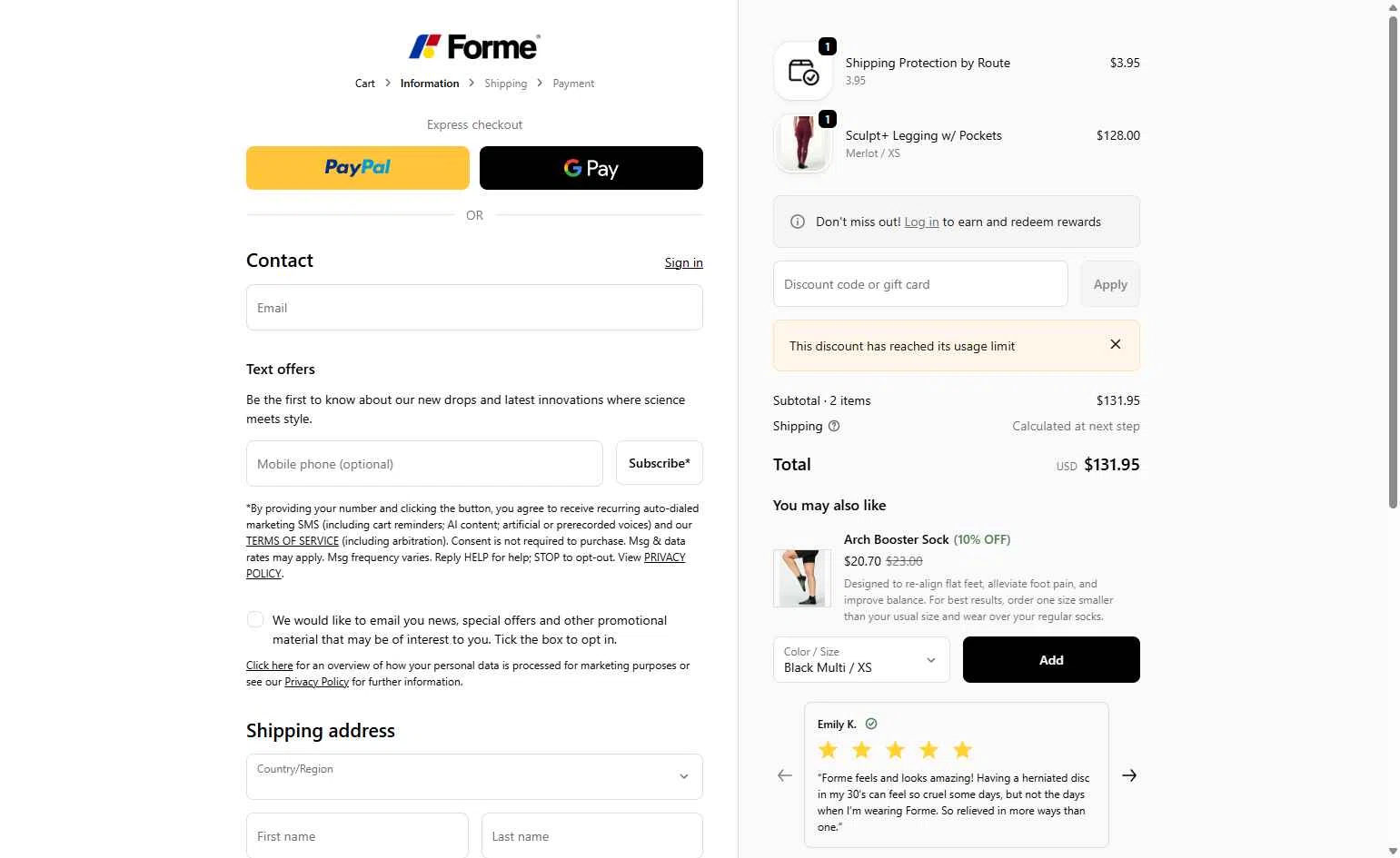 Forme checkout page showing Forme discount code box | Screenshot taken by SimplyCodes community member on Feb 23, 2026