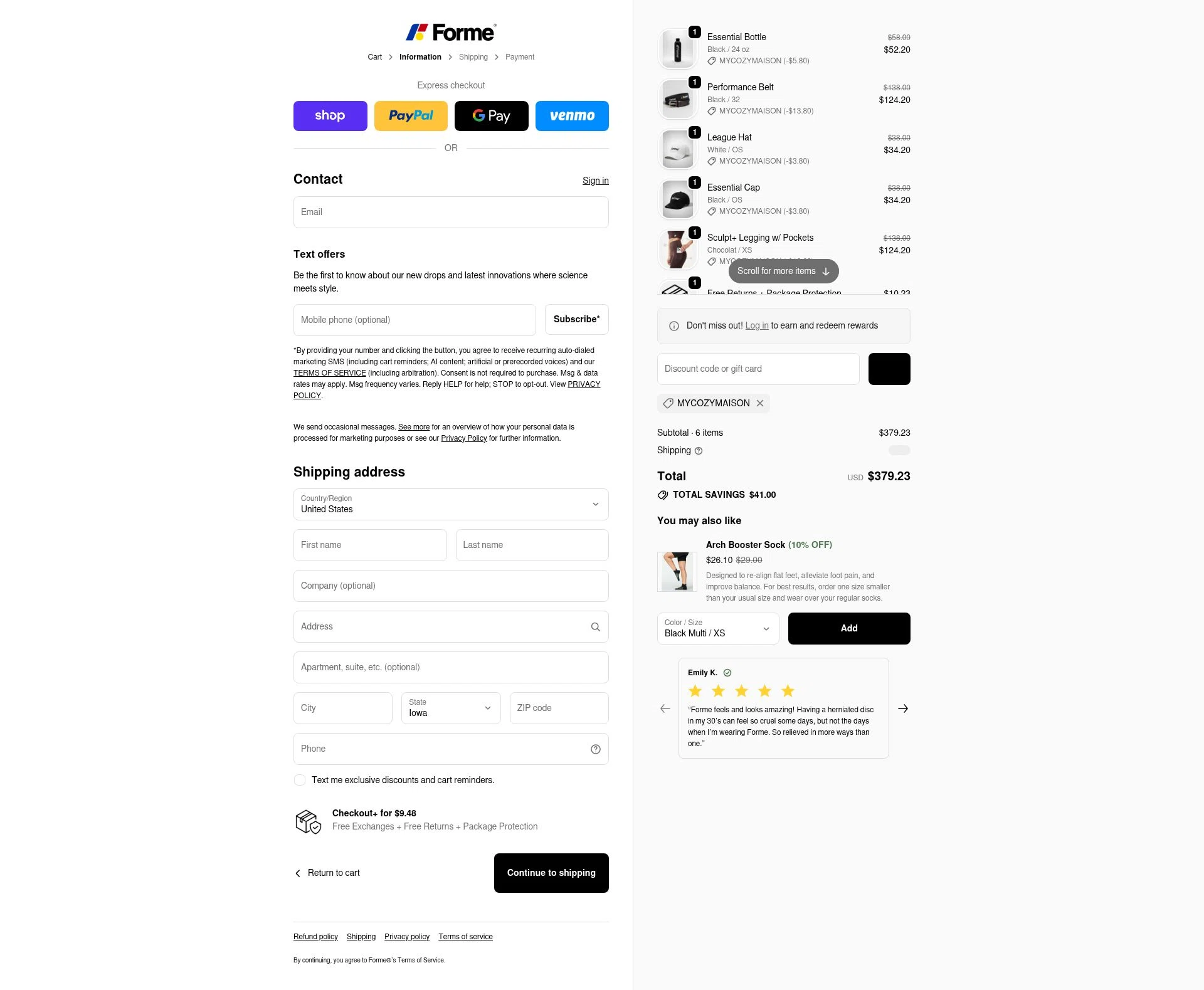 Forme checkout page showing Forme discount code box | Screenshot taken by SimplyCodes community member on Feb 4, 2026