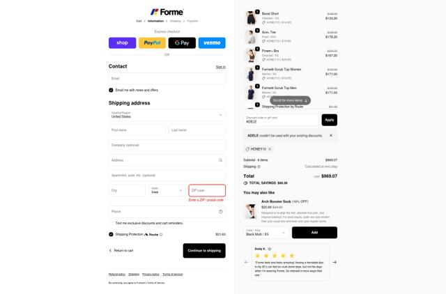 Forme checkout page showing Forme discount code box | Screenshot taken by SimplyCodes community member on Oct 6, 2025