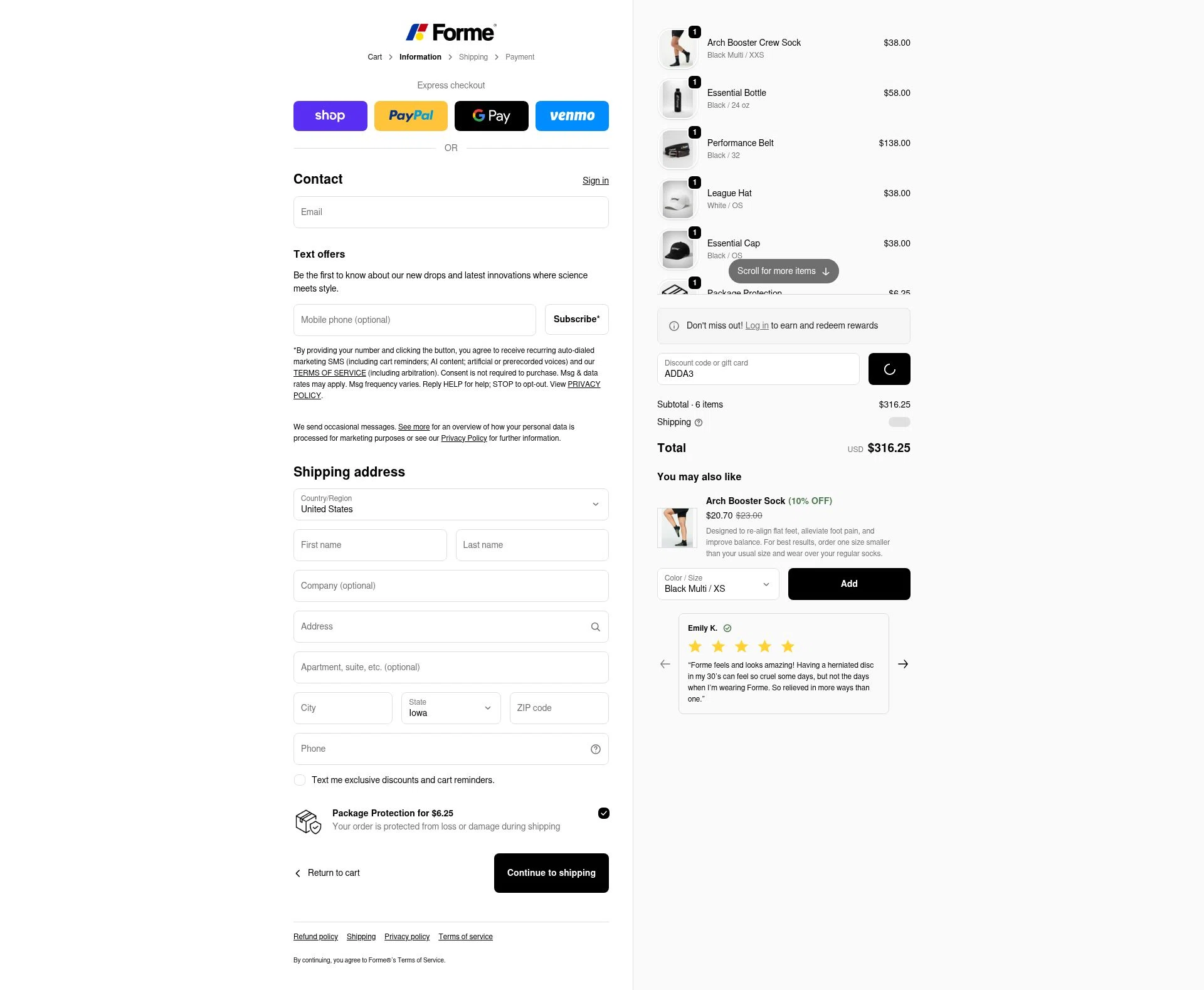 Forme checkout page showing Forme discount code box | Screenshot taken by SimplyCodes community member on Feb 22, 2026