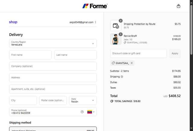 Forme checkout page showing Forme discount code box | Screenshot taken by SimplyCodes community member on Sep 11, 2025