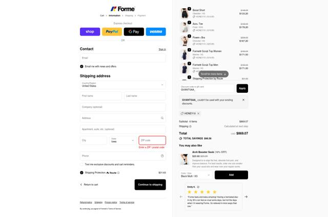Forme checkout page showing Forme discount code box | Screenshot taken by SimplyCodes community member on Oct 6, 2025