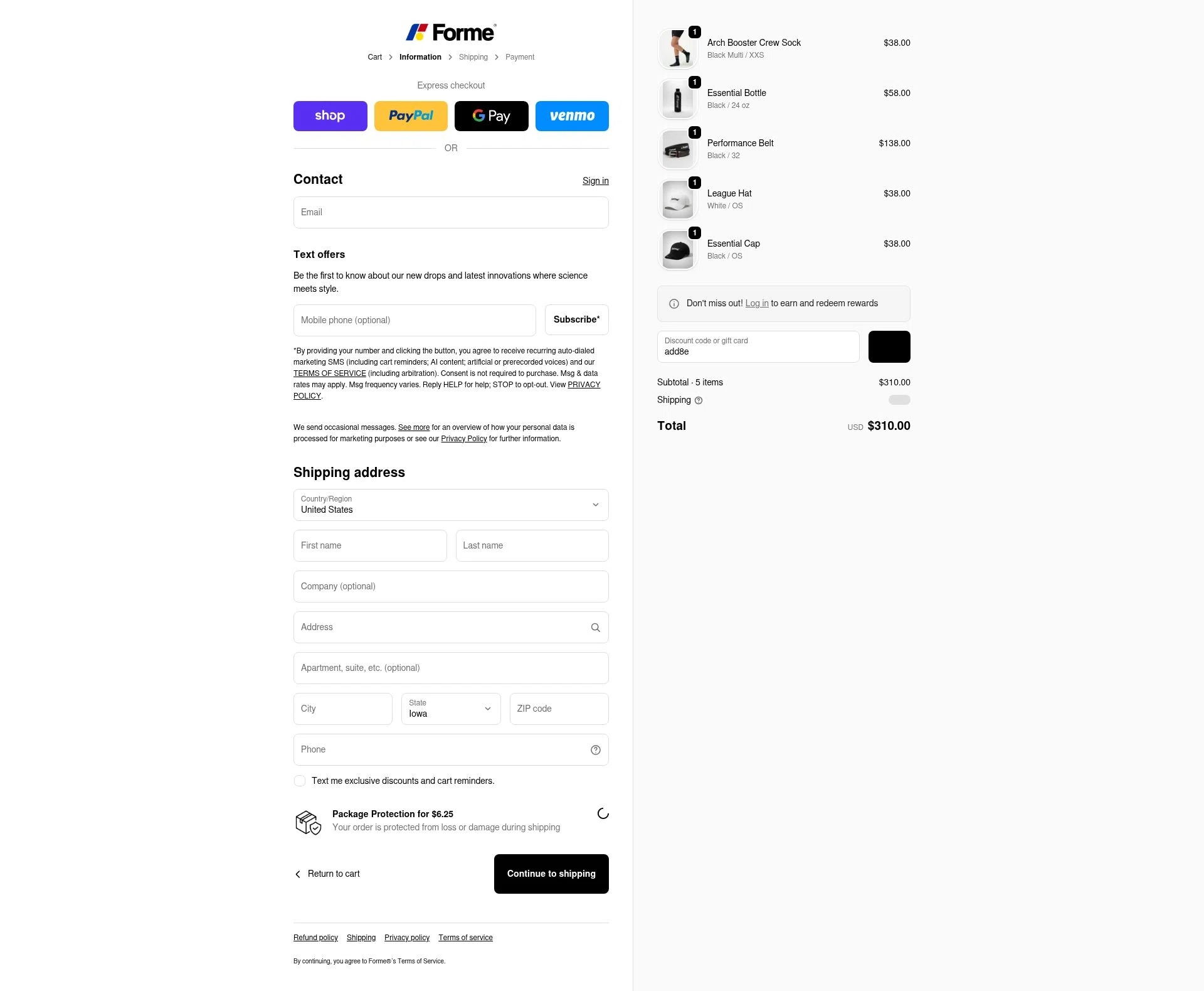 Forme checkout page showing Forme discount code box | Screenshot taken by SimplyCodes community member on Feb 22, 2026