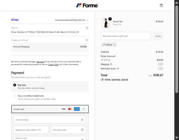 Forme checkout page showing Forme discount code box | Screenshot taken by SimplyCodes community member on Jan 17, 2026