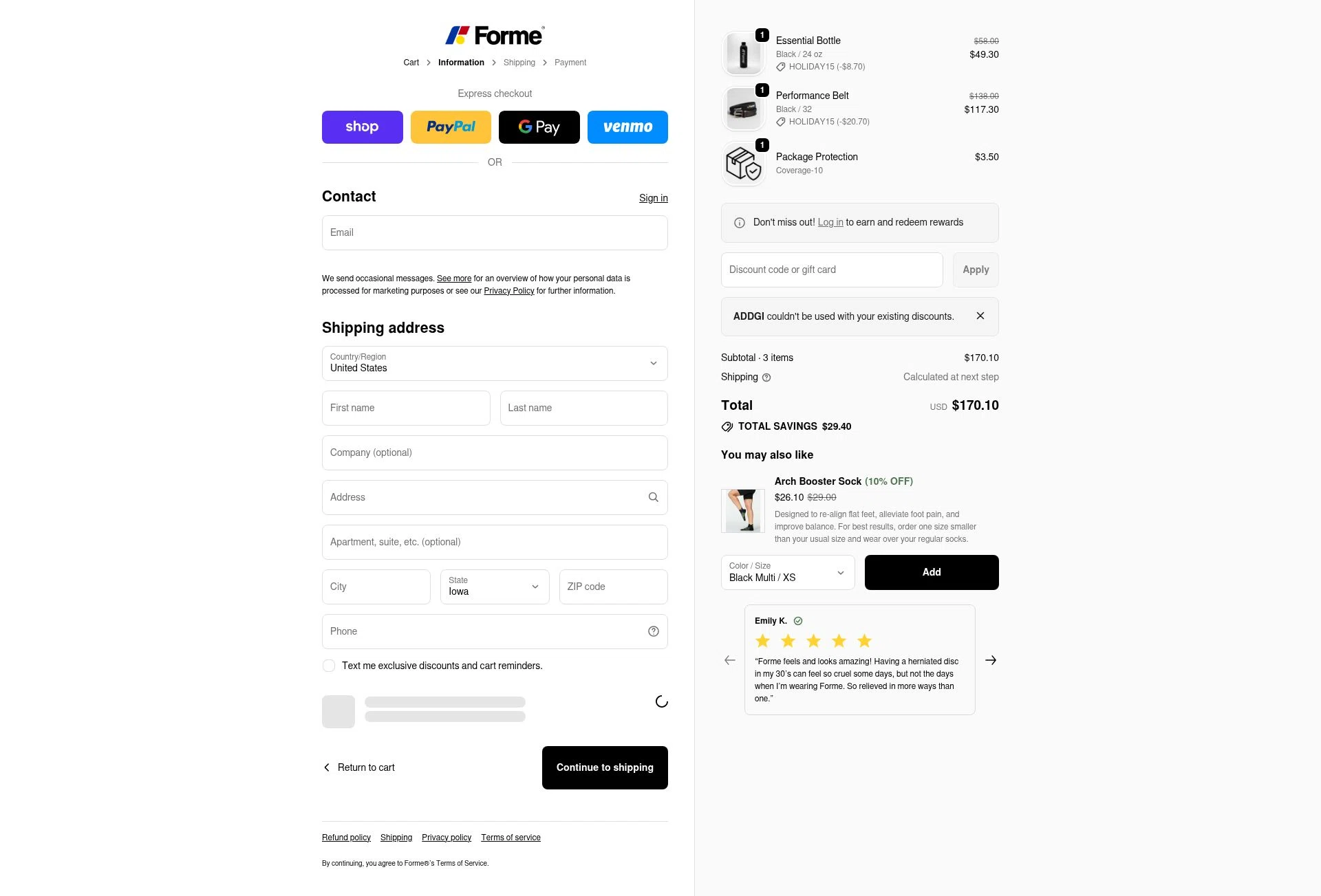 Forme checkout page showing Forme discount code box | Screenshot taken by SimplyCodes community member on Dec 27, 2025