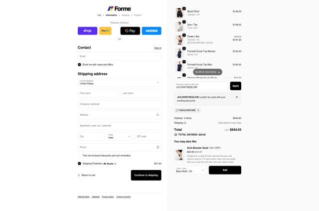 Forme checkout page showing Forme discount code box | Screenshot taken by SimplyCodes community member on Oct 6, 2025