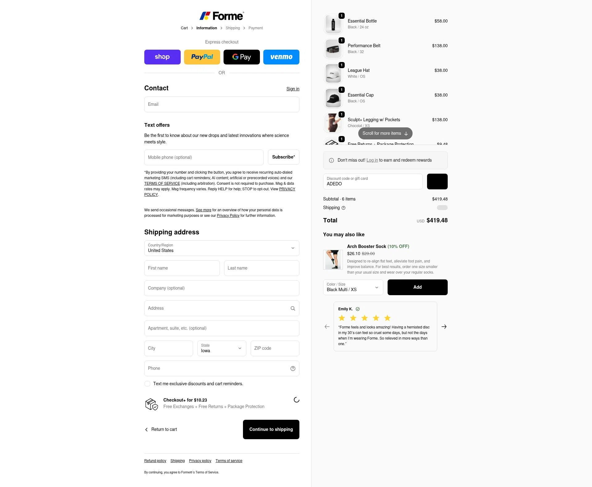 Forme checkout page showing Forme discount code box | Screenshot taken by SimplyCodes community member on Feb 4, 2026