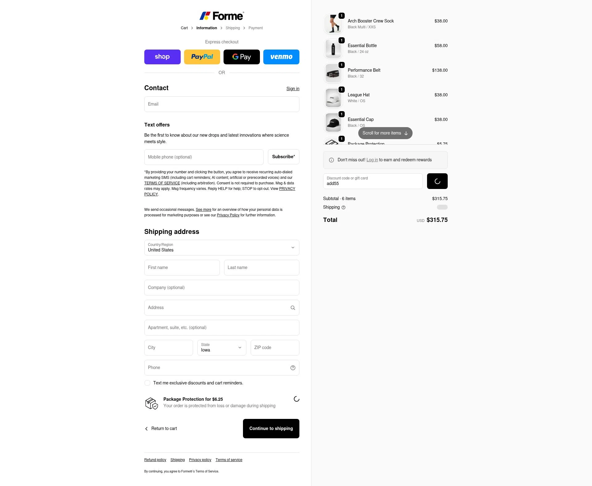 Forme checkout page showing Forme discount code box | Screenshot taken by SimplyCodes community member on Feb 22, 2026