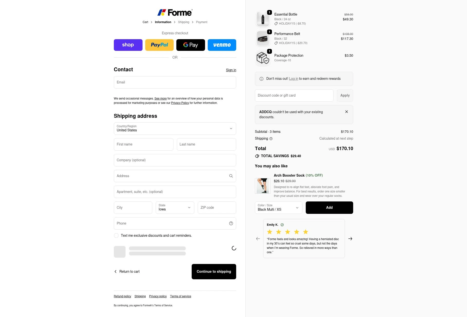Forme checkout page showing Forme discount code box | Screenshot taken by SimplyCodes community member on Dec 27, 2025