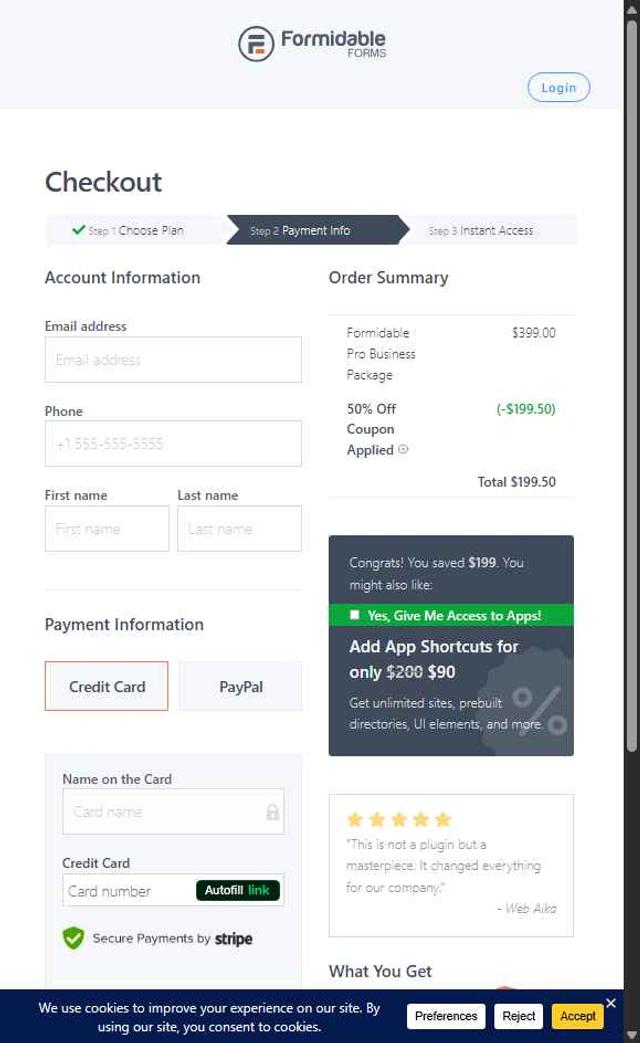 Formidable Forms checkout page showing Formidable Forms discount code box | Screenshot taken by SimplyCodes community member on May 13, 2025