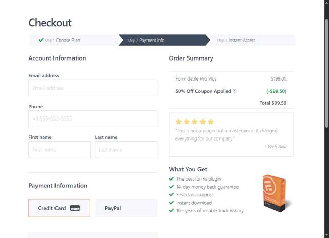Formidable Forms checkout page showing Formidable Forms discount code box | Screenshot taken by SimplyCodes community member on May 13, 2025