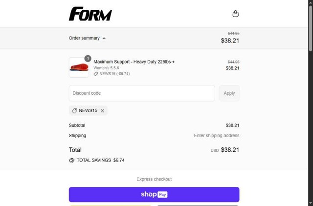 Form Insoles checkout page showing Form Insoles discount code box | Screenshot taken by SimplyCodes community member on Jul 27, 2025