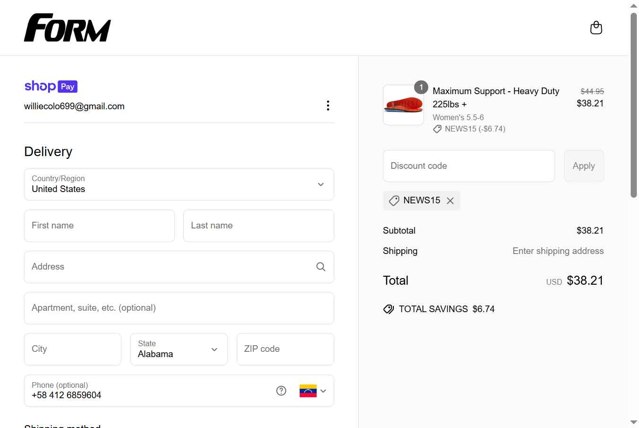 Form Insoles checkout page showing Form Insoles discount code box | Screenshot taken by SimplyCodes community member on Jun 13, 2025