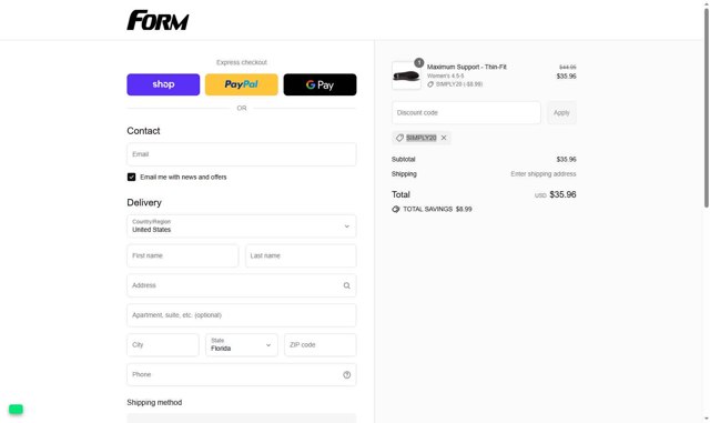 Form Insoles checkout page showing Form Insoles discount code box | Screenshot taken by SimplyCodes community member on Aug 30, 2025