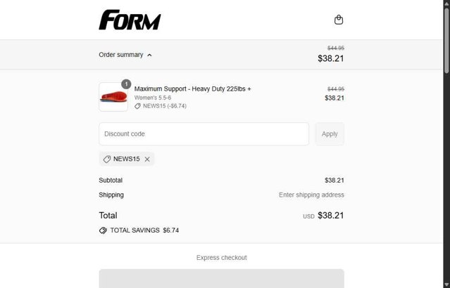 Form Insoles checkout page showing Form Insoles discount code box | Screenshot taken by SimplyCodes community member on Aug 18, 2025